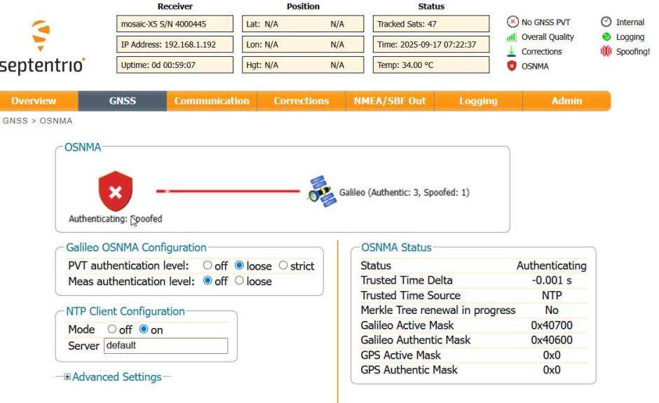 Screenshot showing Galileo OSNMA authentication flag in action during Jammertest spoofing scenario